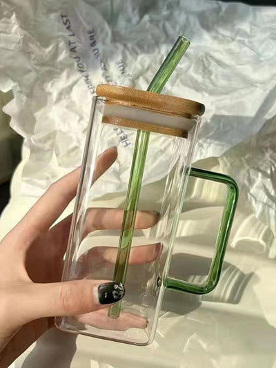 Square Glass Cup with Bamboo Lid and Glass Straw - Green