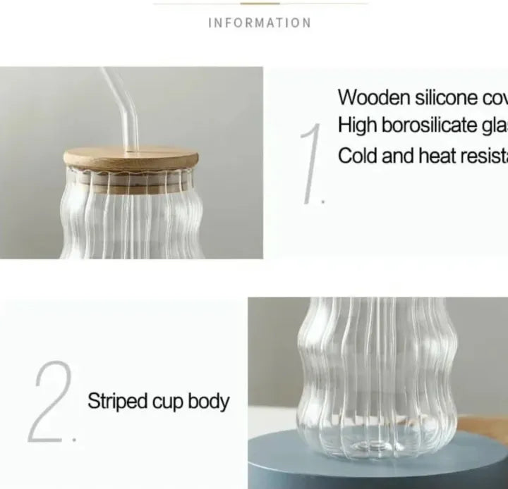 Ribbed Ripple Twist Glass Cup with Wooden Lid and Glass Straw