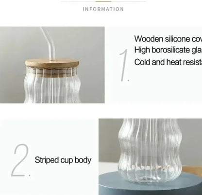Ribbed Ripple Twist Glass Cup with Wooden Lid and Glass Straw