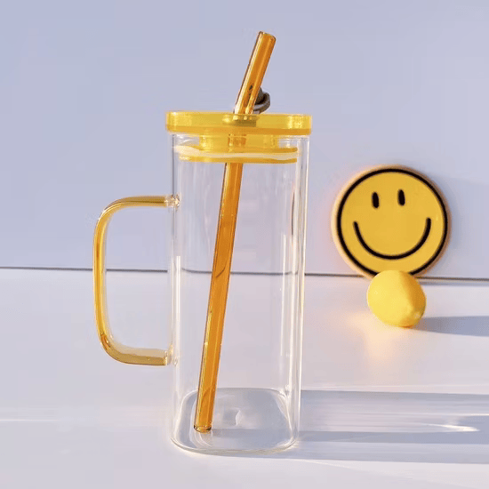 Square Glass Cup with Lid and Glass Straw - Yellow