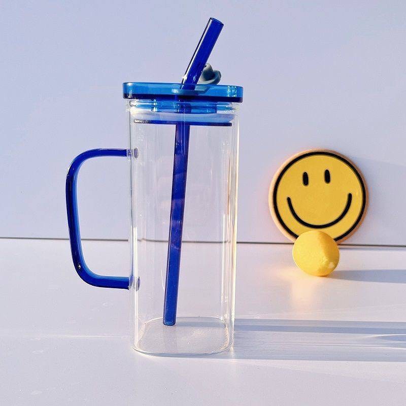 Square Glass Cup with Lid and Glass Straw - Blue