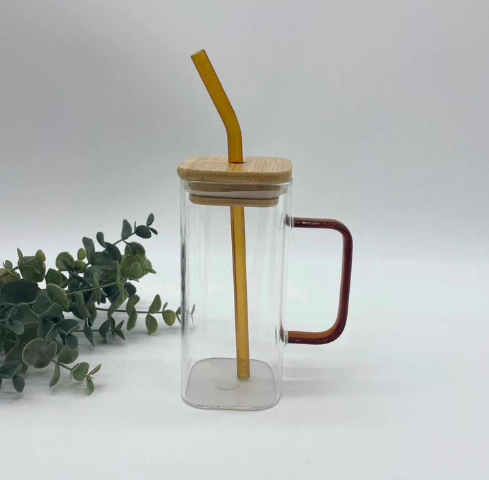 Square Glass Cup with Bamboo Lid and Glass Straw - Brown