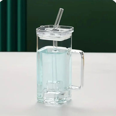 Square Glass Cup with Lid and Glass Straw - White