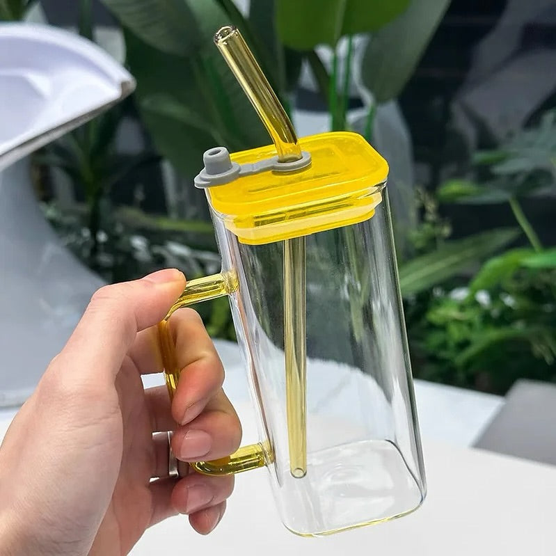 Square Glass Cup with Lid and Glass Straw - Yellow