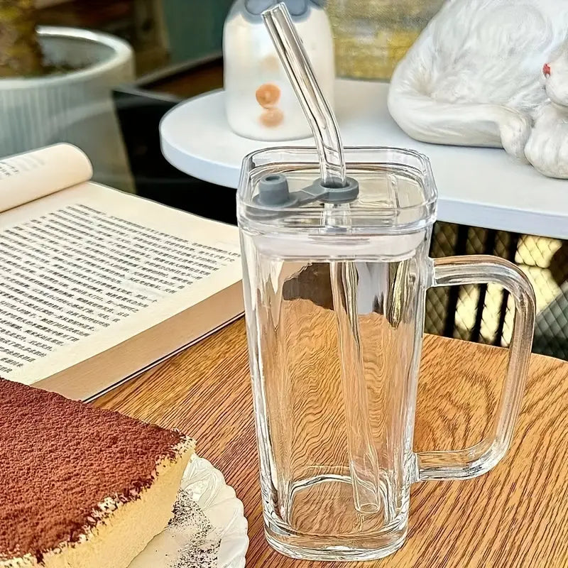 Square Glass Cup with Lid and Glass Straw - White