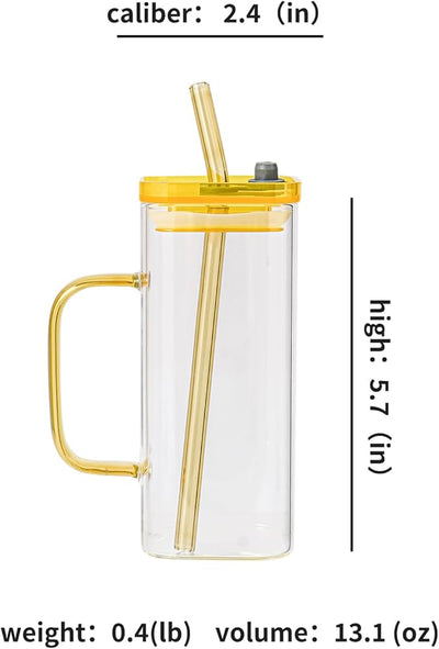 Square Glass Cup with Lid and Glass Straw - Yellow