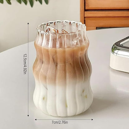 Ribbed Ripple Twist Glass Cup with Wooden Lid and Glass Straw