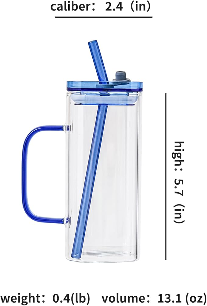 Square Glass Cup with Lid and Glass Straw - Blue