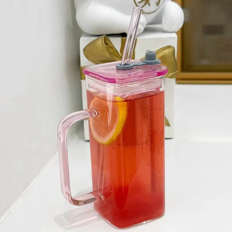 Square Glass Cup with Lid and Glass Straw - Pink