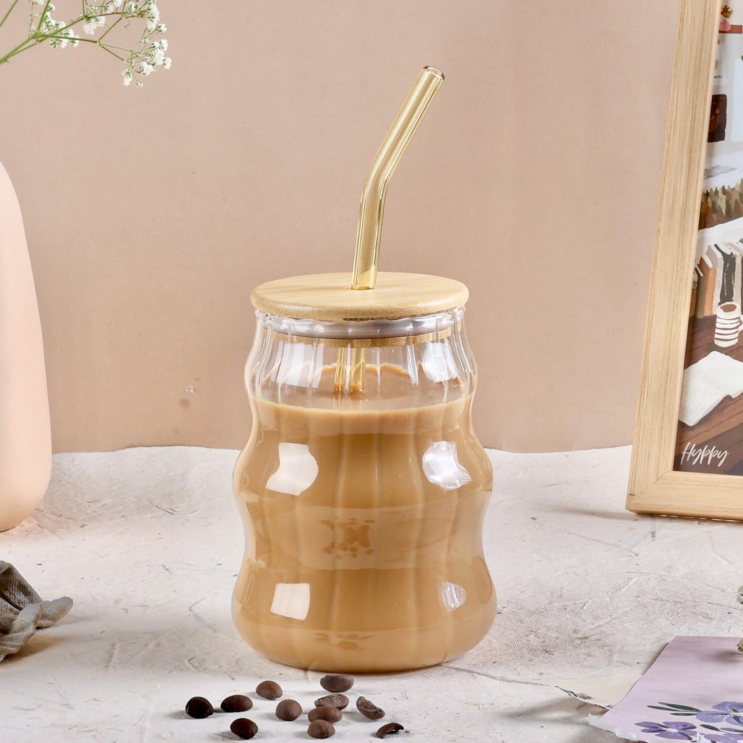 Ribbed Ripple Twist Glass Cup with Wooden Lid and Glass Straw