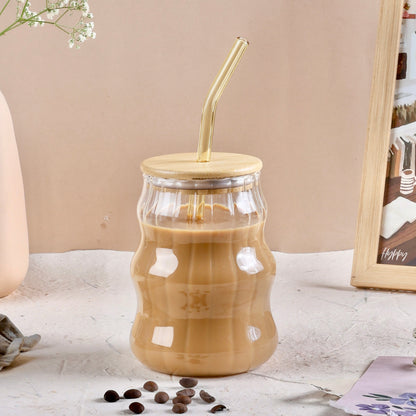 Ribbed Ripple Twist Glass Cup with Wooden Lid and Glass Straw