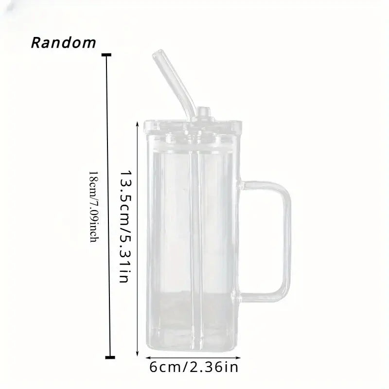 Square Glass Cup with Lid and Glass Straw - White