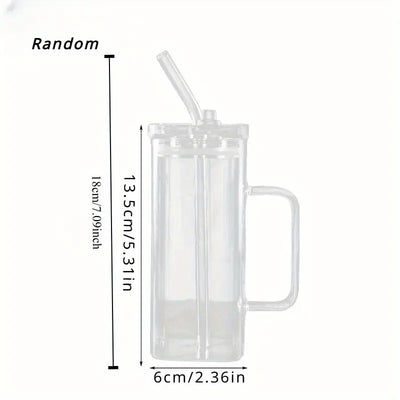 Square Glass Cup with Lid and Glass Straw - White