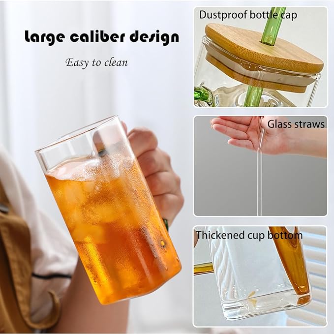 Square Glass Cup with Bamboo Lid and Glass Straw - Green