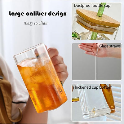 Square Glass Cup with Bamboo Lid and Glass Straw - Green