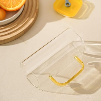 Square Glass Cup with Lid and Glass Straw - Yellow