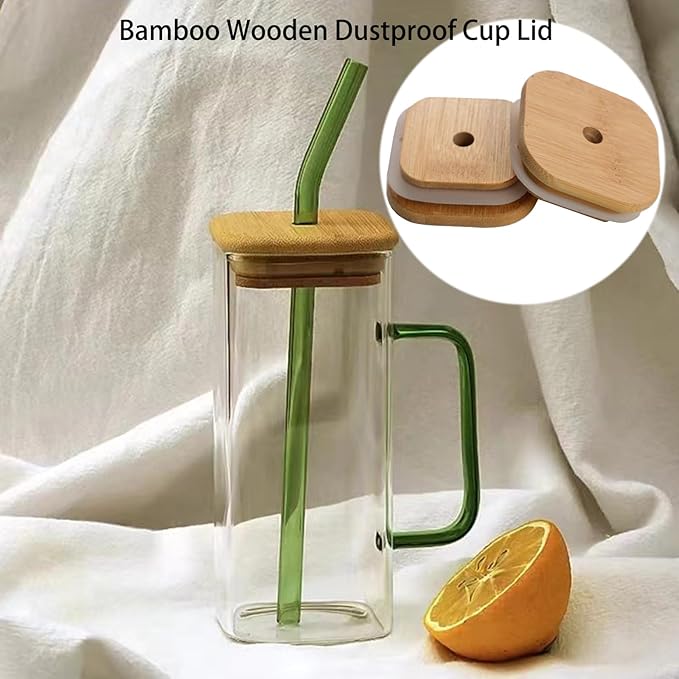 Square Glass Cup with Bamboo Lid and Glass Straw - Green