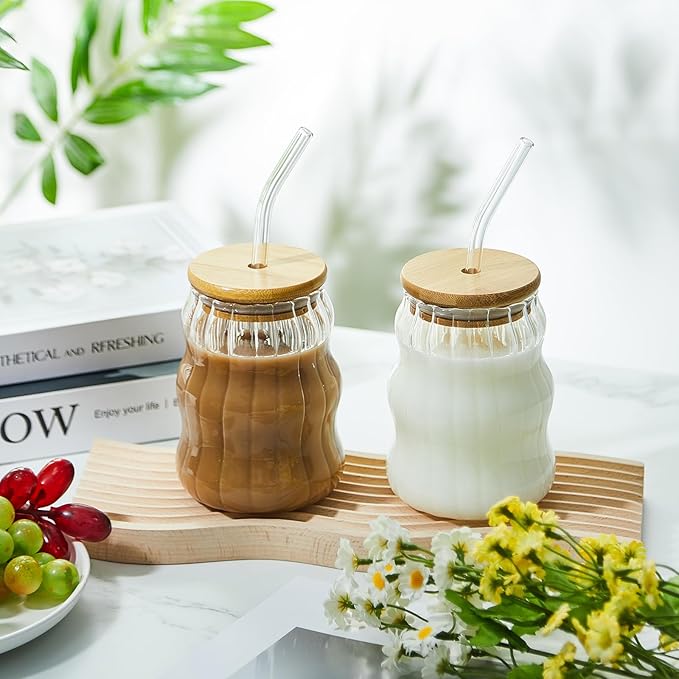 Ribbed Ripple Twist Glass Cup with Wooden Lid and Glass Straw