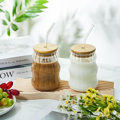 Ribbed Ripple Twist Glass Cup with Wooden Lid and Glass Straw