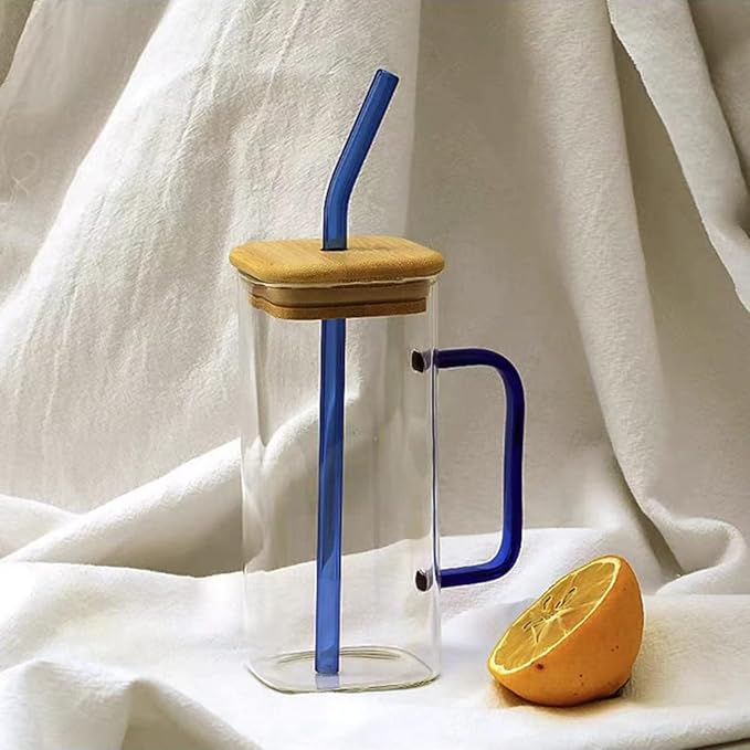 Square Glass Cup with Bamboo Lid and Glass Straw - Blue