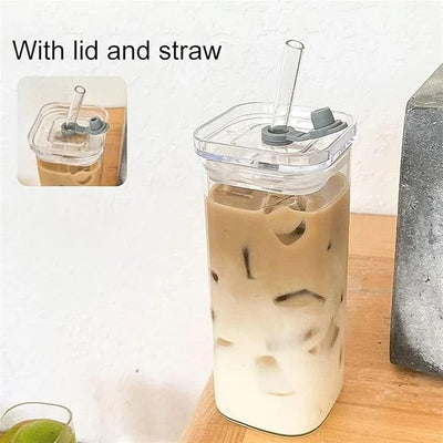 Square Glass Cup with Lid and Glass Straw - White