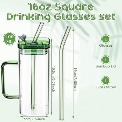 Square Glass Cup with Lid and Glass Straw - Green