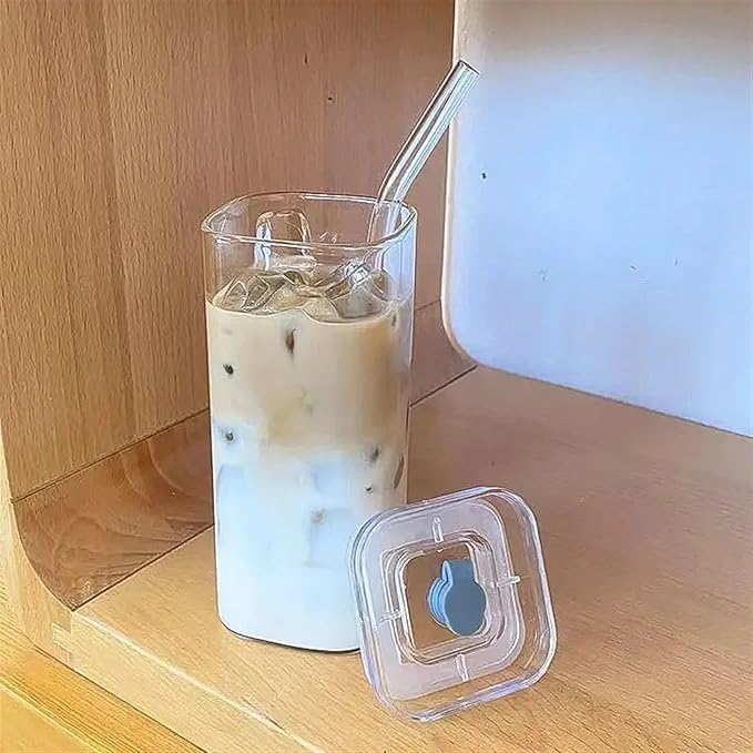 Square Glass Cup with Lid and Glass Straw - White