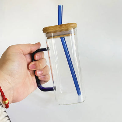 Square Glass Cup with Bamboo Lid and Glass Straw - Blue