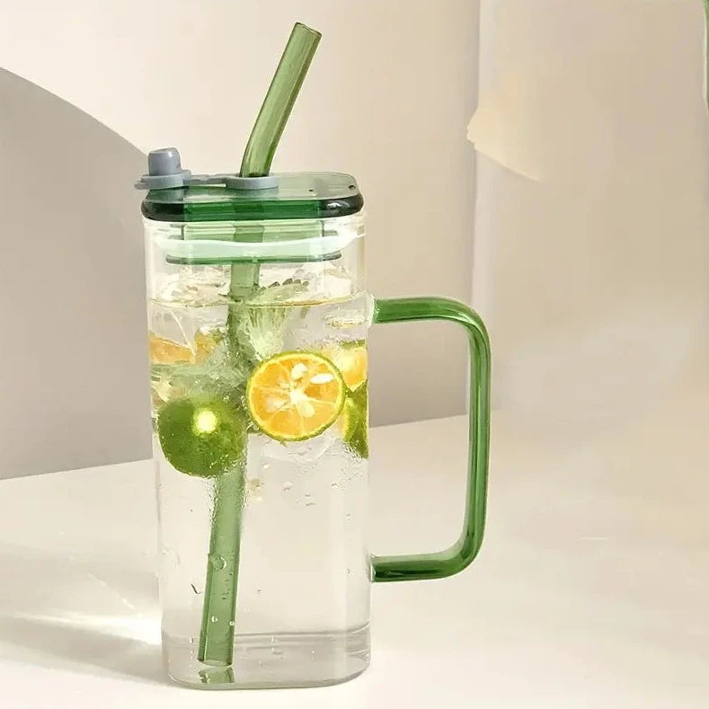 Square Glass Cup with Lid and Glass Straw - Green