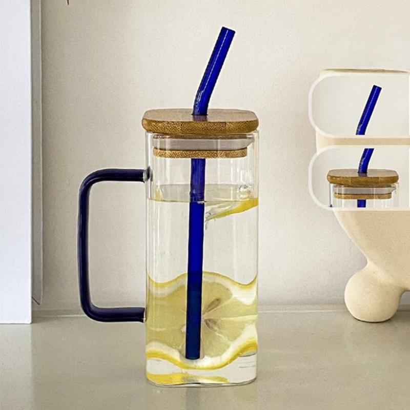 Square Glass Cup with Bamboo Lid and Glass Straw - Blue