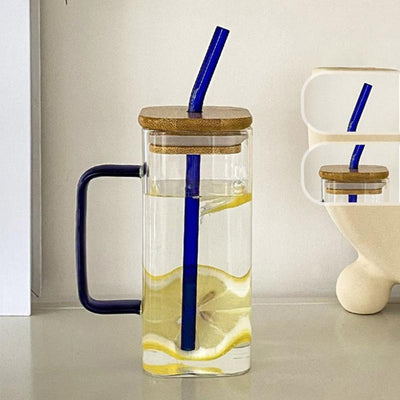 Square Glass Cup with Bamboo Lid and Glass Straw - Blue