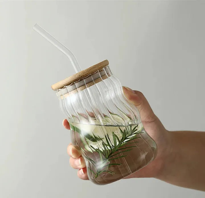 Ribbed Ripple Twist Glass Cup with Wooden Lid and Glass Straw