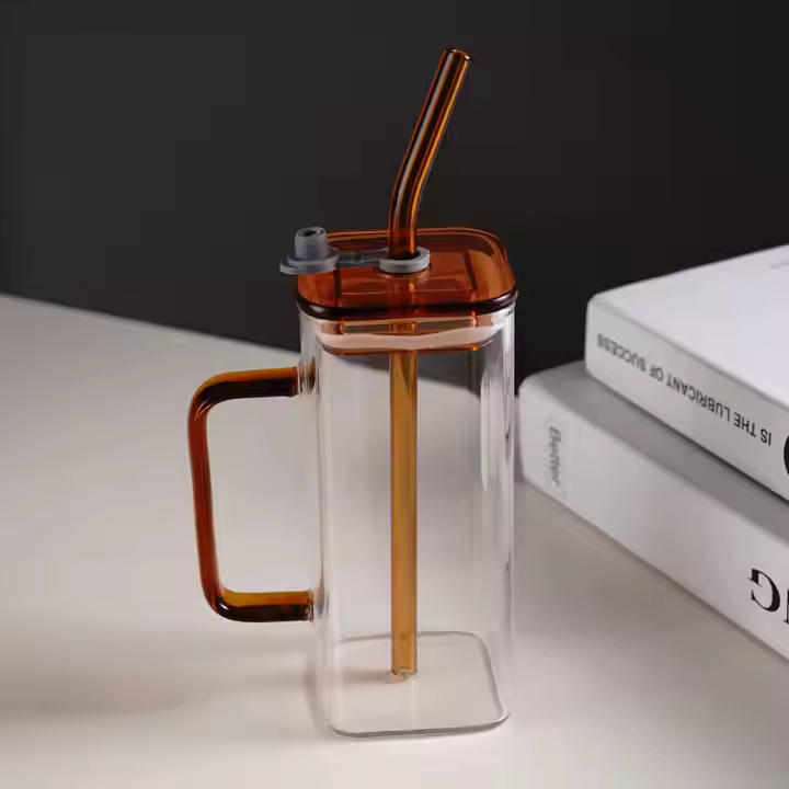 Square Glass Cup with Lid and Glass Straw - Brown