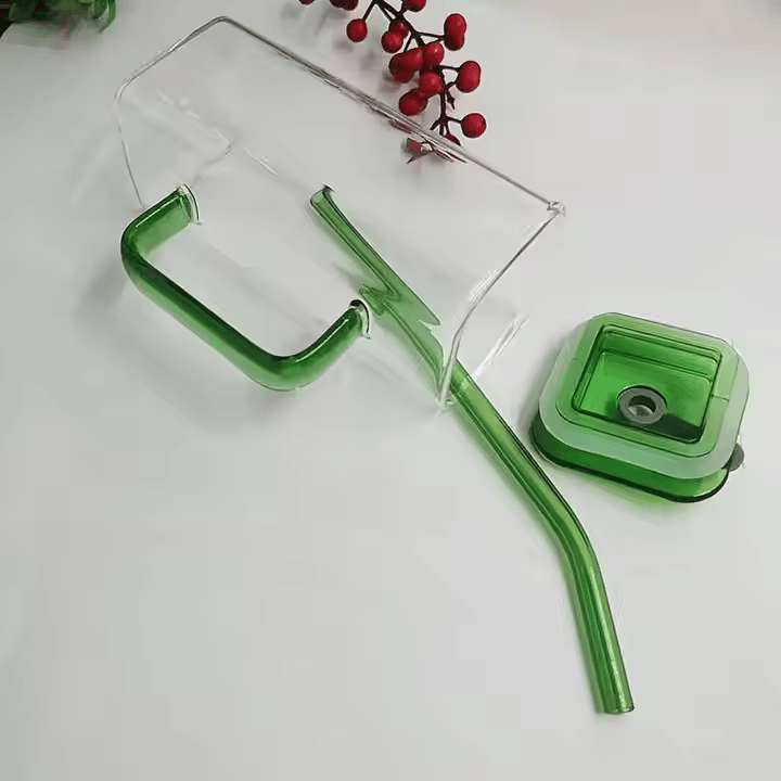 Square Glass Cup with Lid and Glass Straw - Green