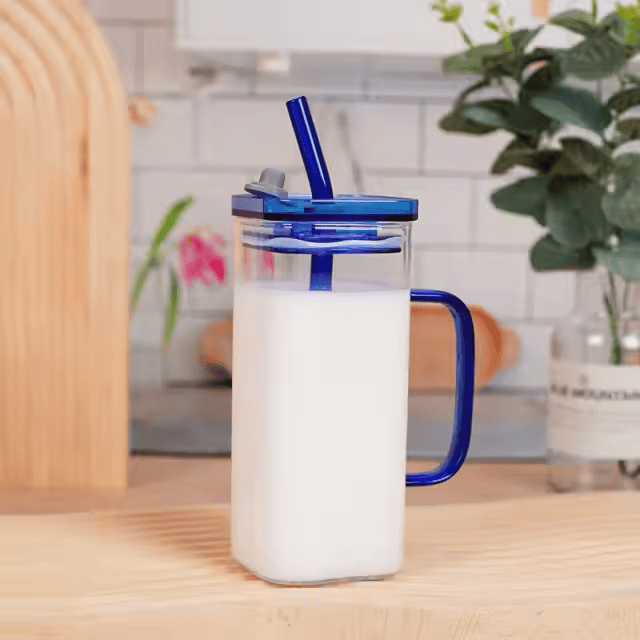 Square Glass Cup with Lid and Glass Straw - Blue