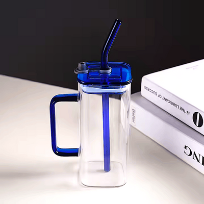 Square Glass Cup with Lid and Glass Straw - Blue