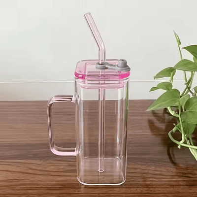 Square Glass Cup with Lid and Glass Straw - Pink