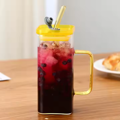 Square Glass Cup with Lid and Glass Straw - Yellow