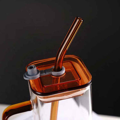 Square Glass Cup with Lid and Glass Straw - Brown