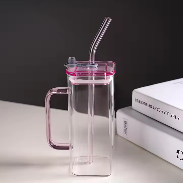 Square Glass Cup with Lid and Glass Straw - Pink