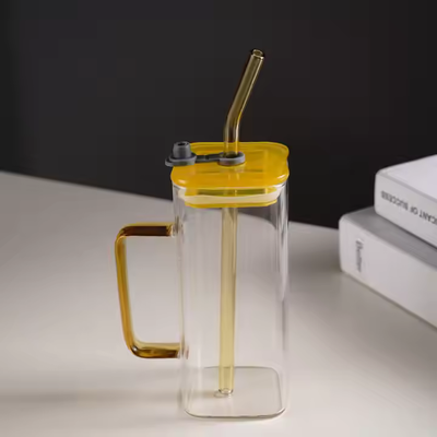 Square Glass Cup with Lid and Glass Straw - Yellow