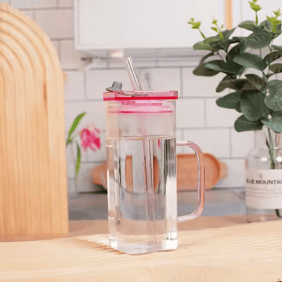 Square Glass Cup with Lid and Glass Straw - Pink