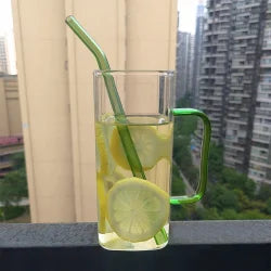 Square Glass Cup with Lid and Glass Straw - Green