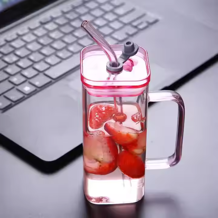 Square Glass Cup with Lid and Glass Straw - Pink