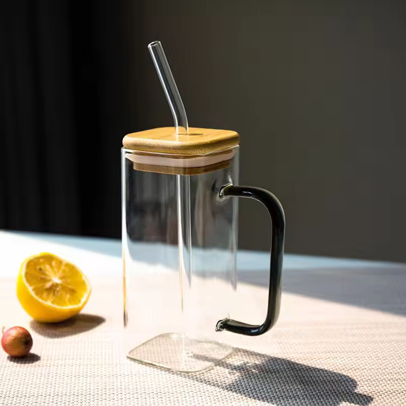 Square Glass Cup with Bamboo Lid and Glass Straw - Black