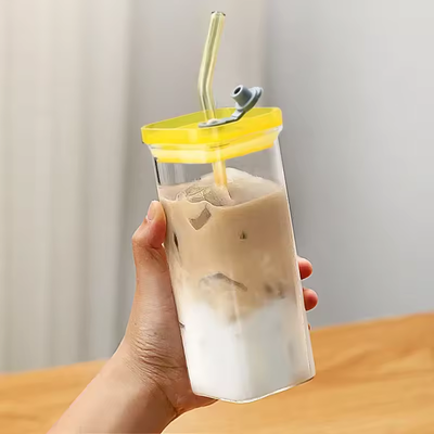 Square Glass Cup with Lid and Glass Straw - Yellow