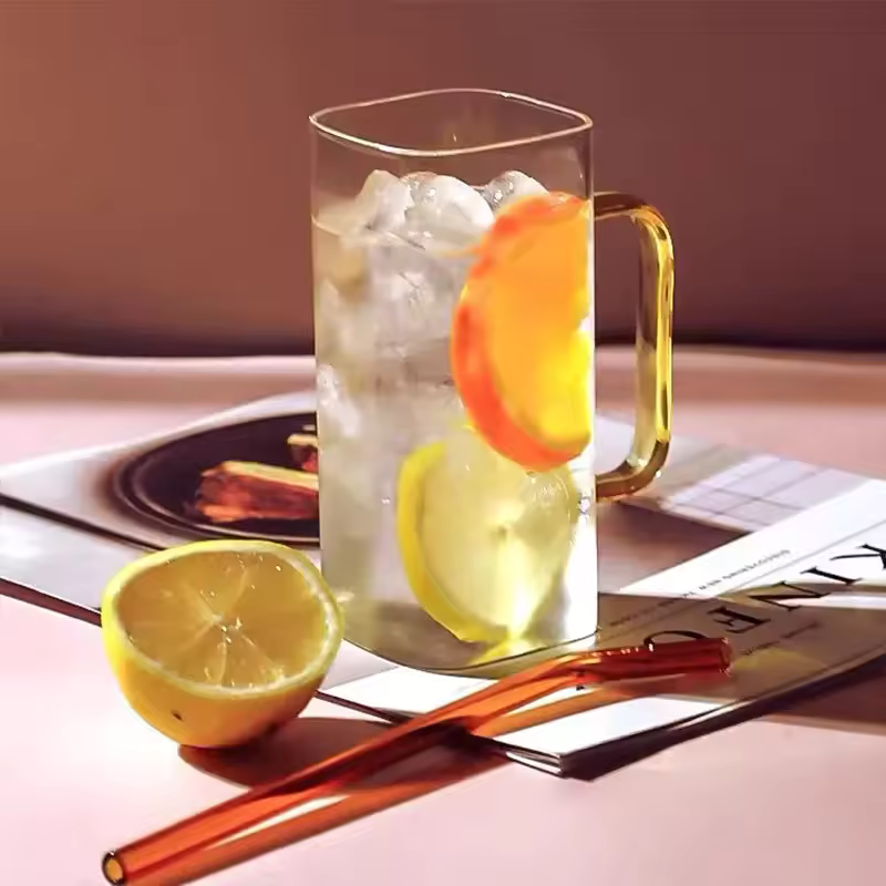 Square Glass Cup with Bamboo Lid and Glass Straw - Yellow