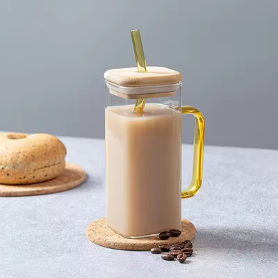 Square Glass Cup with Bamboo Lid and Glass Straw - Yellow