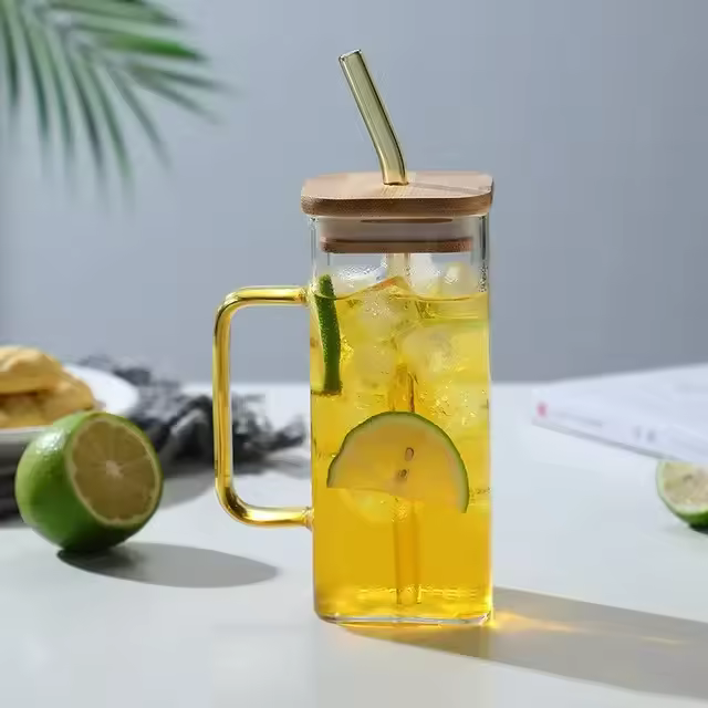 Square Glass Cup with Bamboo Lid and Glass Straw - Yellow