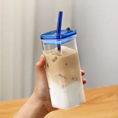 Square Glass Cup with Lid and Glass Straw - Blue